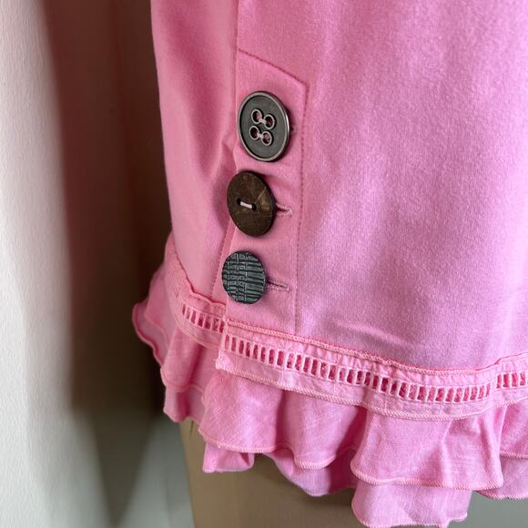 Neon Buddha Cape Side Top XS Petite Womens Sweatshirt Ruffle Pink Button Accent - Picture 6 of 11